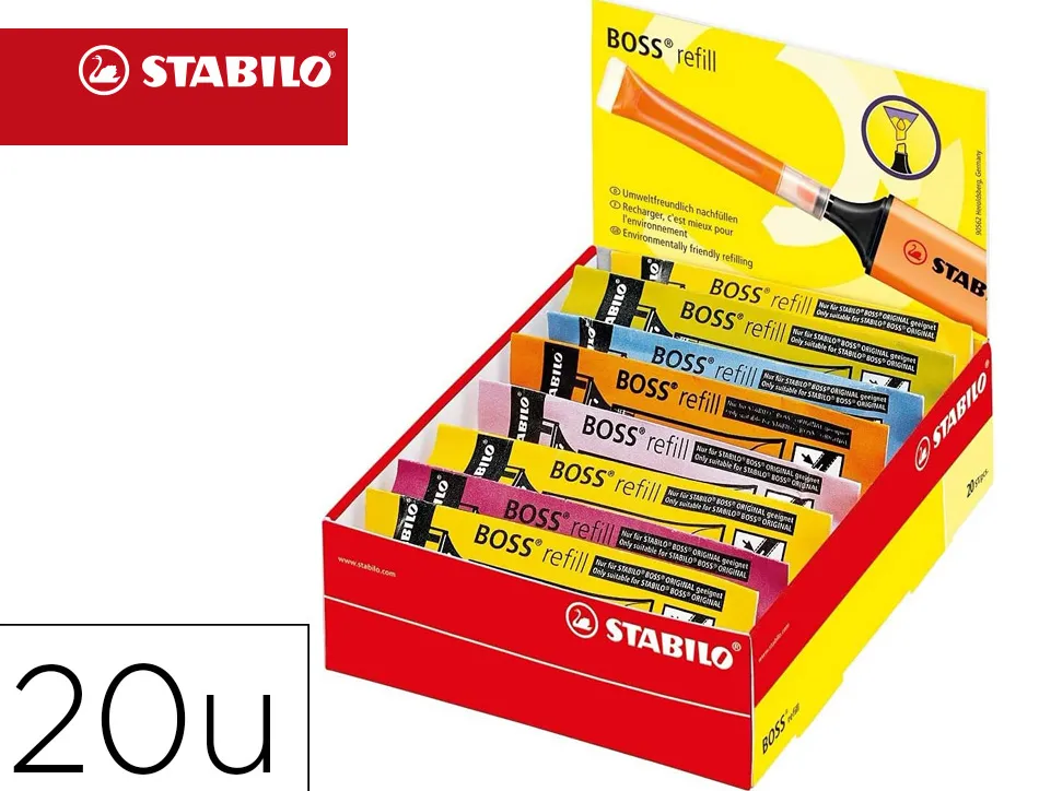 Recharge stabilo encre surligneur boss original/boss splahs/green boss base eau coloris assortis boite 20 unites