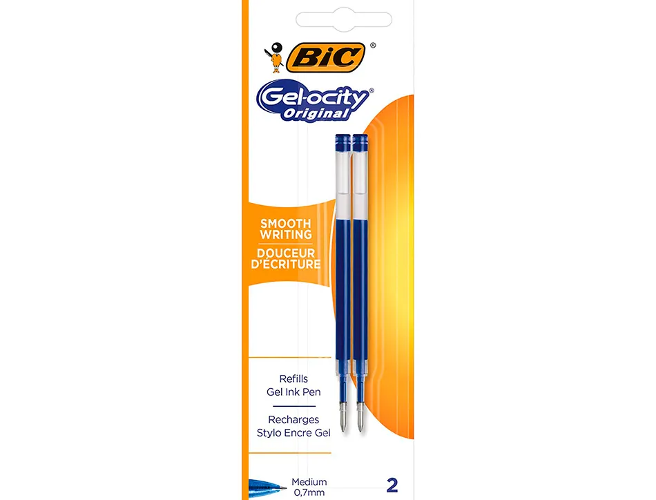 Recharge stylo gel bic gelocity quick dry pointe moyenne bleu blister de 2