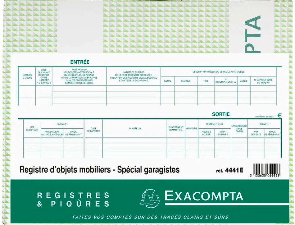 Registre exacompta objets mobiliers spécial garagistes 240x320mm 100 pages