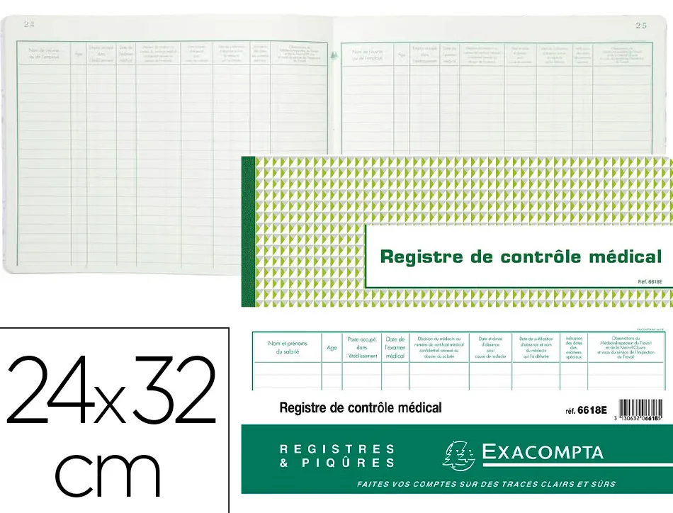 Registre piqué exacompta contrôle médical horaires 24x32cm 60p