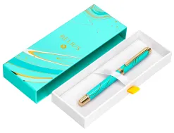 Roller belius aqua aluminium details et attributs or encre noire coloris turquoise dans coffret cadeau