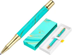 Roller belius aqua aluminium details et attributs or encre noire coloris turquoise dans coffret cadeau