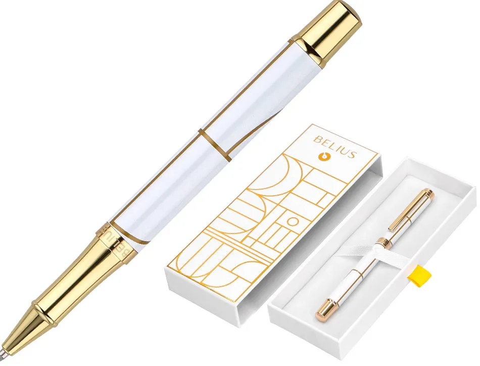 Roller belius carte blanche aluminium details et attributs or encre noire coloris blanc dans coffret cadeau