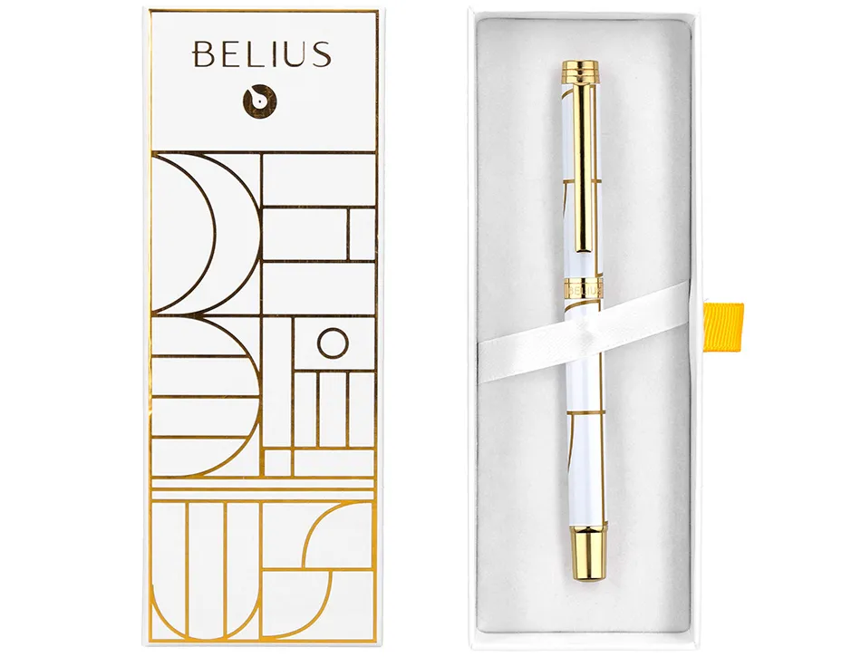 Roller belius carte blanche aluminium details et attributs or encre noire coloris blanc dans coffret cadeau