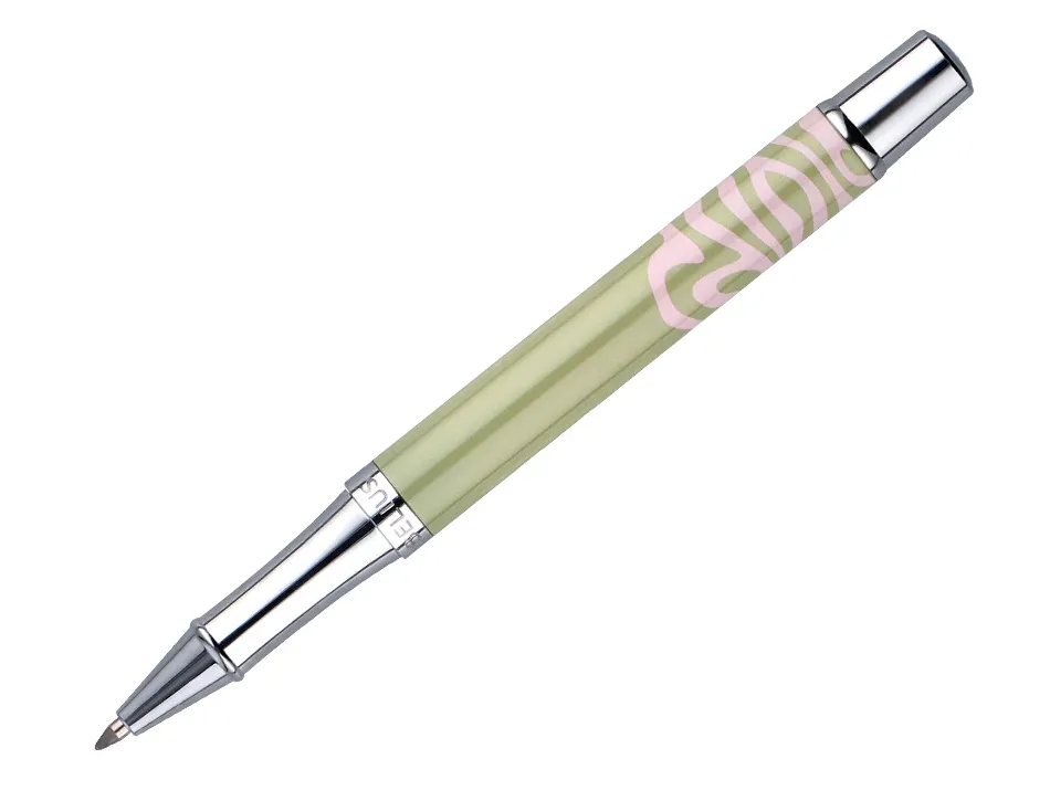 Roller belius ink dreams aluminium attributs argent encre noire coloris vert matcha ondulations rose dans coffret cadeau
