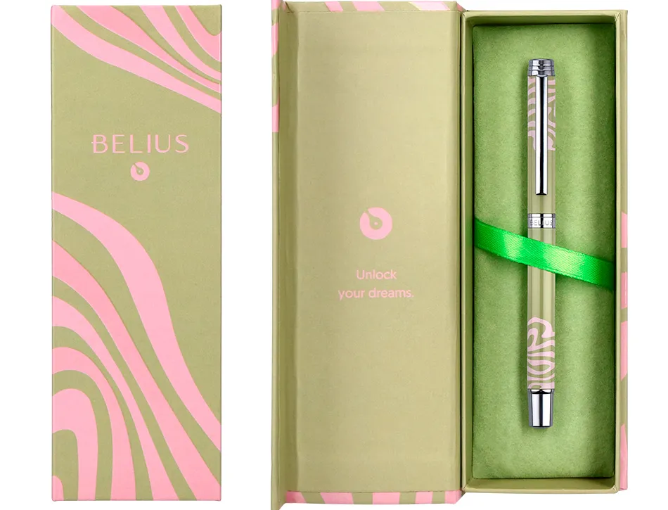 Roller belius ink dreams aluminium attributs argent encre noire coloris vert matcha ondulations rose dans coffret cadeau