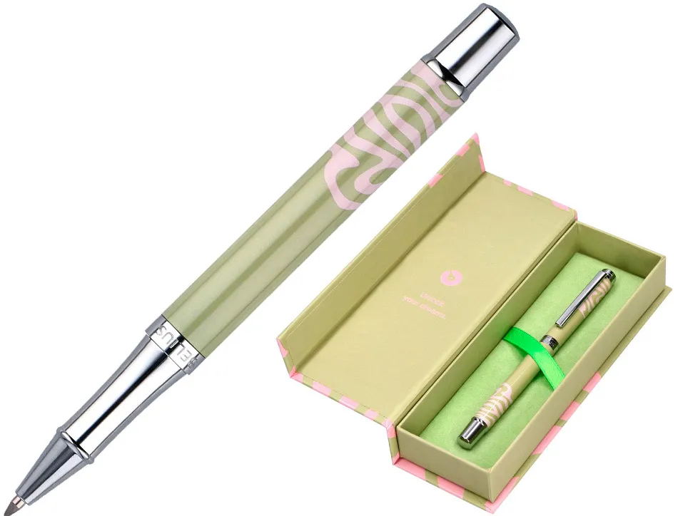 Roller belius ink dreams aluminium attributs argent encre noire coloris vert matcha ondulations rose dans coffret cadeau