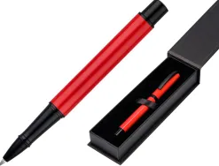 Roller belius turbo aluminium texture pointillee attributs noir encre bleue coloris rouge dans coffret cadeau
