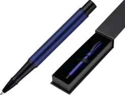 Roller belius turbo aluminium texture pointillee attributs noir encre bleue coloris bleu dans coffret cadeau