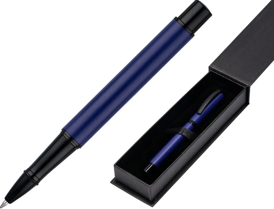 Roller belius turbo aluminium texture pointillee attributs noir encre bleue coloris bleu dans coffret cadeau
