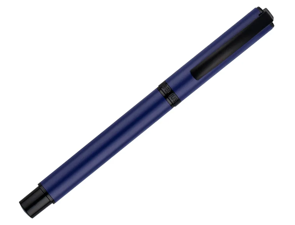 Roller belius turbo aluminium texture pointillee attributs noir encre bleue coloris bleu dans coffret cadeau