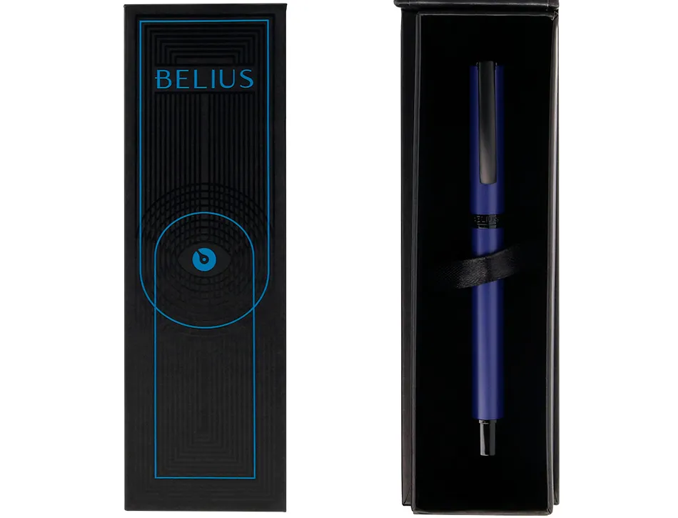 Roller belius turbo aluminium texture pointillee attributs noir encre bleue coloris bleu dans coffret cadeau