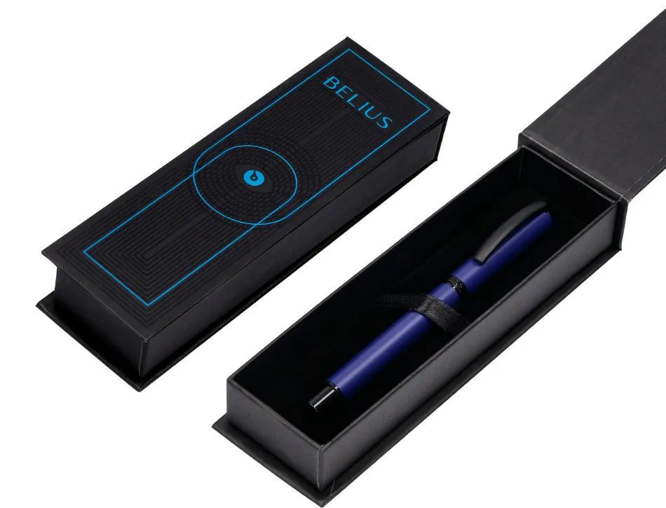 Roller belius turbo aluminium texture pointillee attributs noir encre bleue coloris bleu dans coffret cadeau