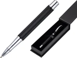 Roller belius turbo aluminium texture pointillee attributs argent encre bleue coloris noir dans coffret cadeau