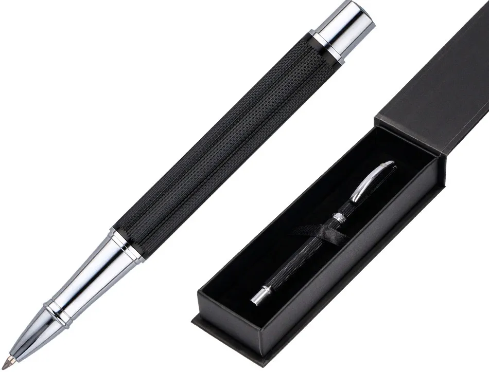 Roller belius turbo aluminium texture pointillee attributs argent encre bleue coloris noir dans coffret cadeau