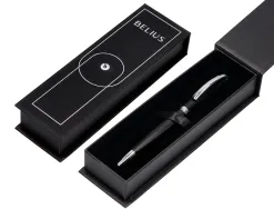 Roller belius turbo aluminium texture pointillee attributs argent encre bleue coloris noir dans coffret cadeau