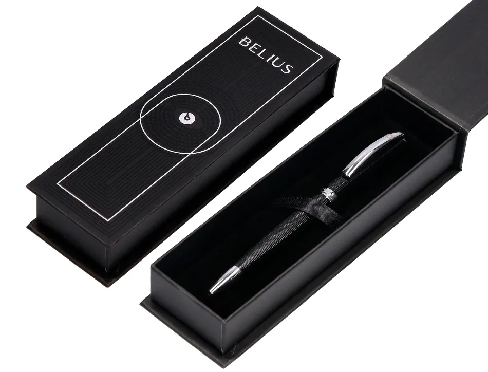Roller belius turbo aluminium texture pointillee attributs argent encre bleue coloris noir dans coffret cadeau