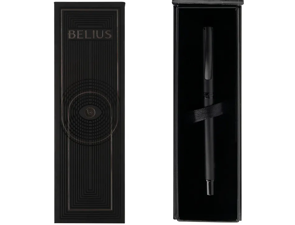 Roller belius turbo monochrome aluminium texture pointillee encre bleue coloris noir dans coffret cadeau