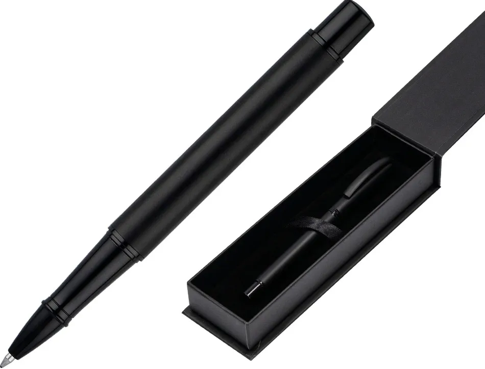 Roller belius turbo monochrome aluminium texture pointillee encre bleue coloris noir dans coffret cadeau