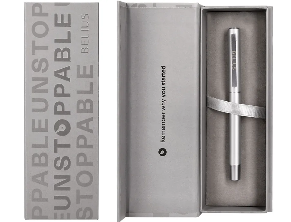 Roller belius unstoppable monochrome aluminium encre noire coloris argent dans coffret cadeau