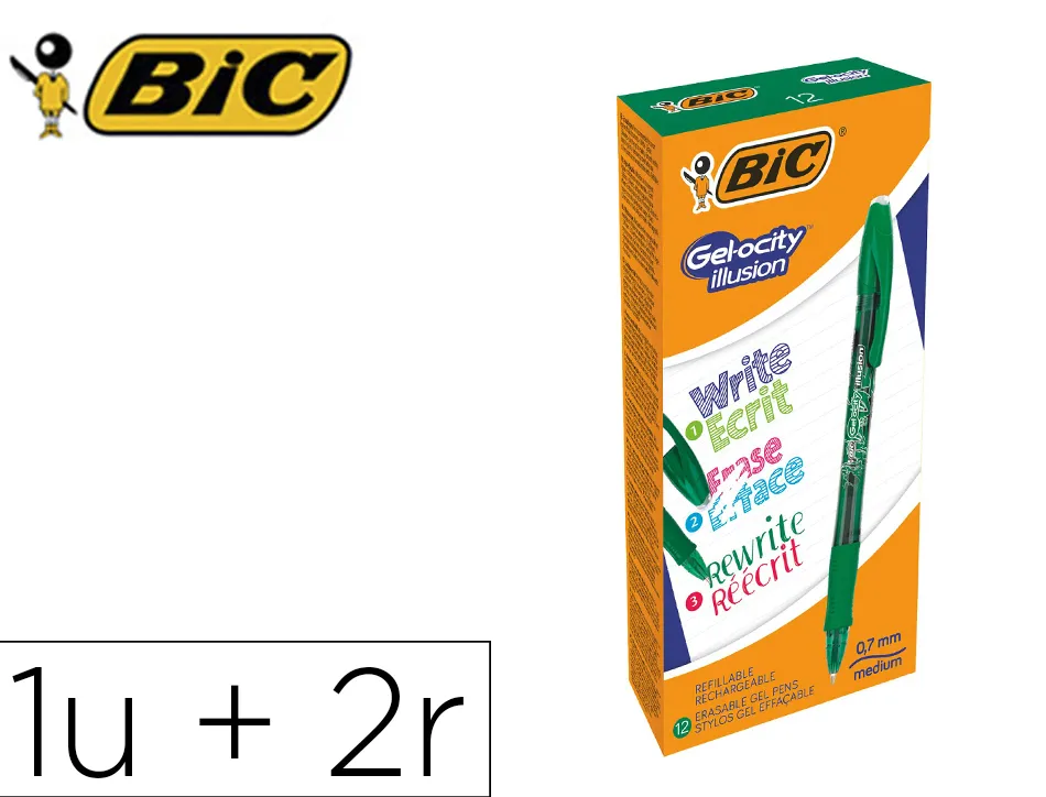 Roller bic gel-ocity illusion pointe moyenne 0,7mm grip caoutchouc encre effacable et rechargeable verte + 2 recharges