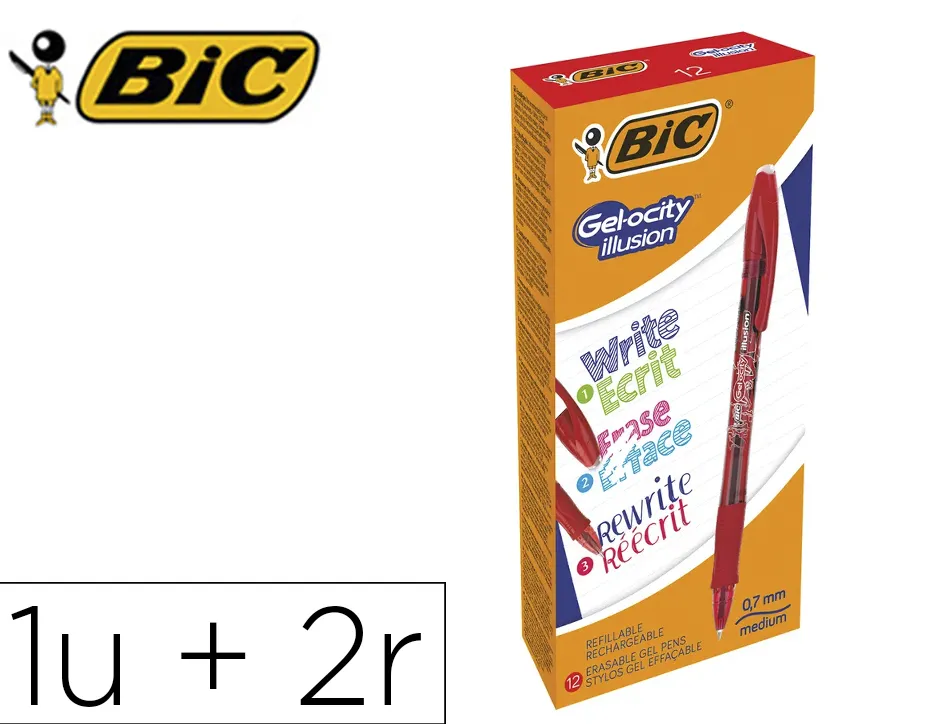 Roller bic gel-ocity illusion pointe moyenne 0,7mm grip caoutchouc encre effacable et rechargeable rouge + 2 recharges