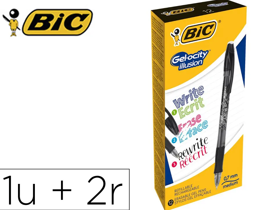 Roller bic gel-ocity illusion pointe moyenne 0,7mm grip caoutchouc encre effacable et rechargeable noire + 2 recharges
