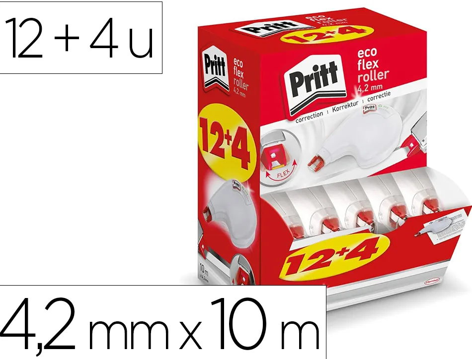 Roller de correction pritt eco flex dimensions 4,2mmx10m pack 12+4 unites