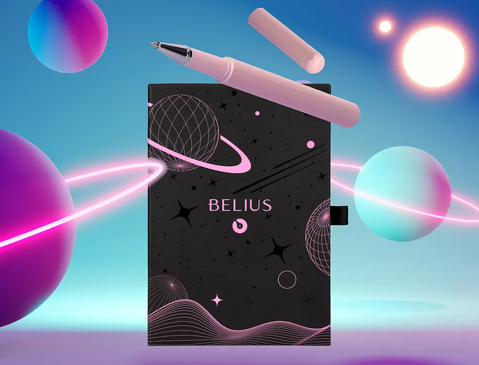 Roller et etui en simili cuir belius space b monochrome sans agrafe encre bleue coloris rose dans coffret cadeau