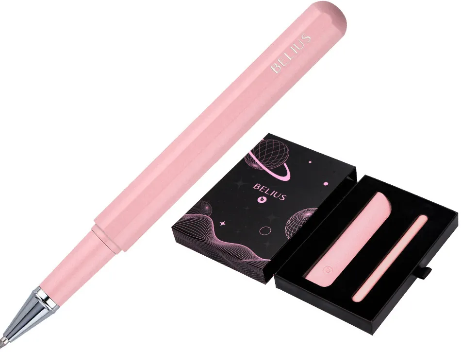Roller et etui en simili cuir belius space b monochrome sans agrafe encre bleue coloris rose dans coffret cadeau