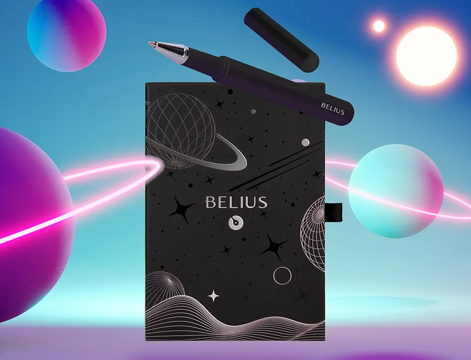 Roller et etui en simili cuir belius space b monochrome sans agrafe encre bleue coloris noir dans coffret cadeau