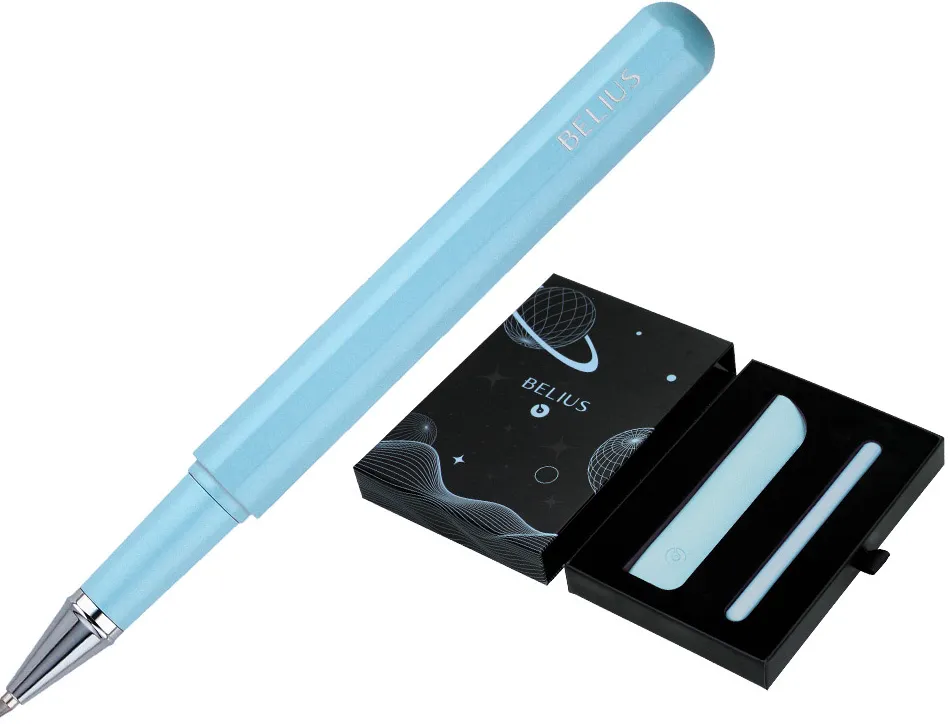 Roller et etui en simili cuir belius space b monochrome sans agrafe encre noire coloris bleu dans coffret cadeau