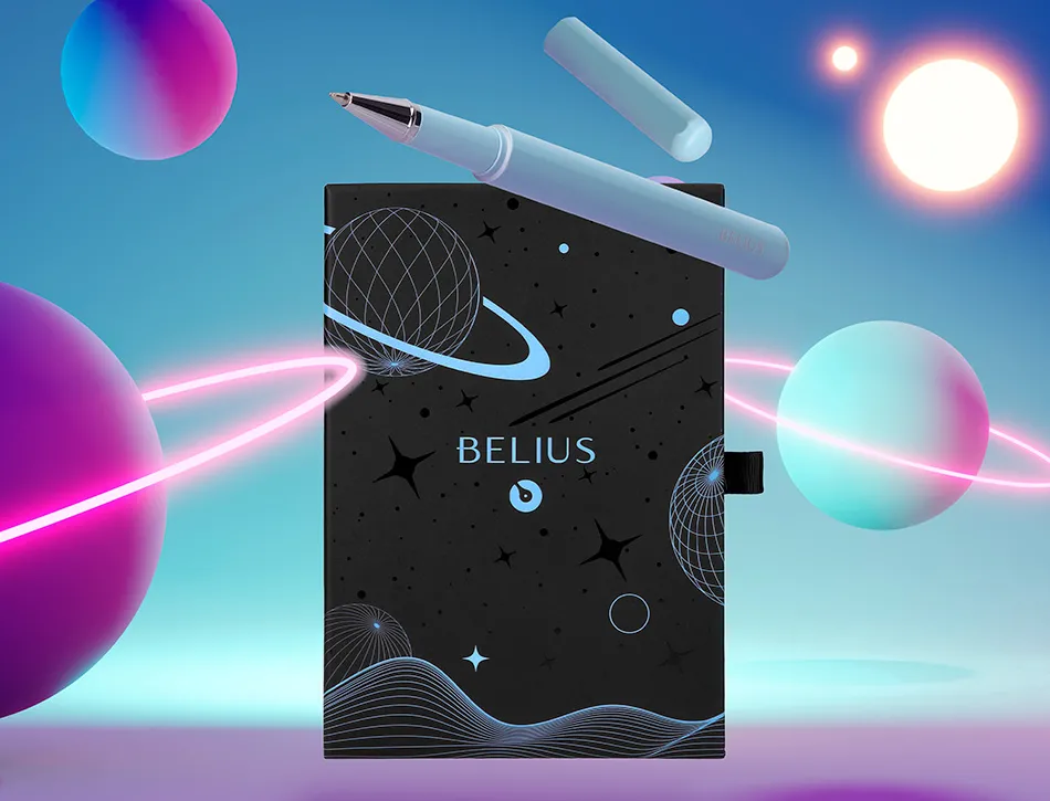 Roller et etui en simili cuir belius space b monochrome sans agrafe encre noire coloris bleu dans coffret cadeau