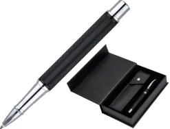 Roller et etui simili cuir belius turbo alum. texture pointillee attributs argent encre bleue col. noir coffret cadeau