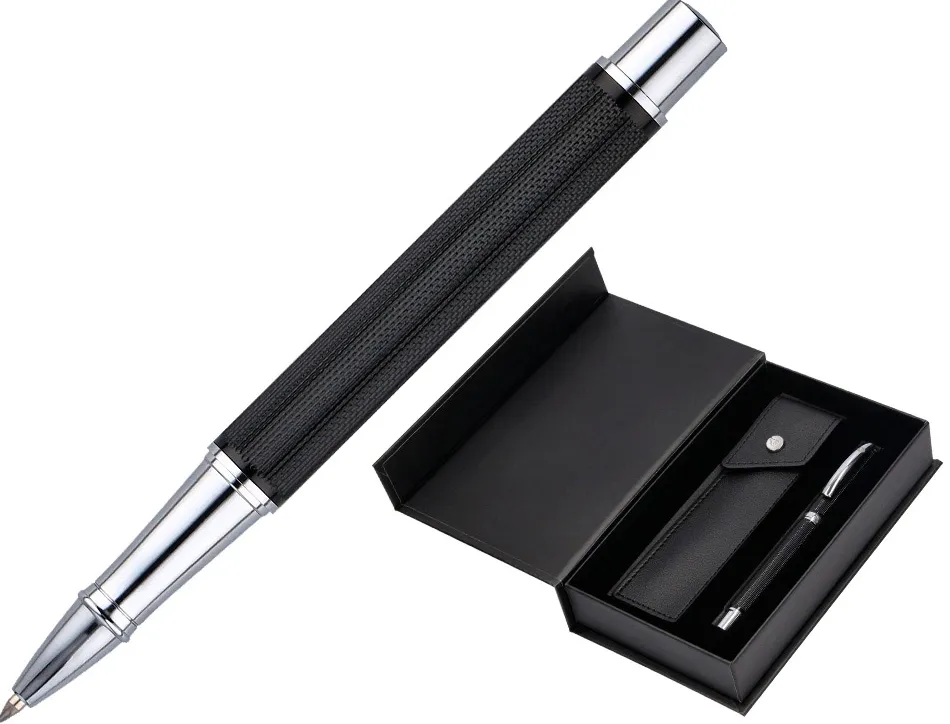 Roller et etui simili cuir belius turbo alum. texture pointillee attributs argent encre bleue col. noir coffret cadeau
