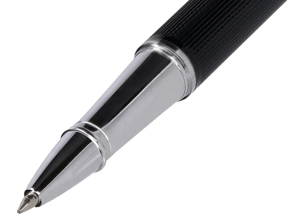 Roller et etui simili cuir belius turbo alum. texture pointillee attributs argent encre bleue col. noir coffret cadeau