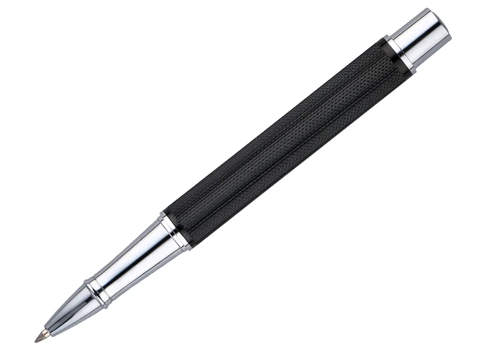 Roller et etui simili cuir belius turbo alum. texture pointillee attributs argent encre bleue col. noir coffret cadeau