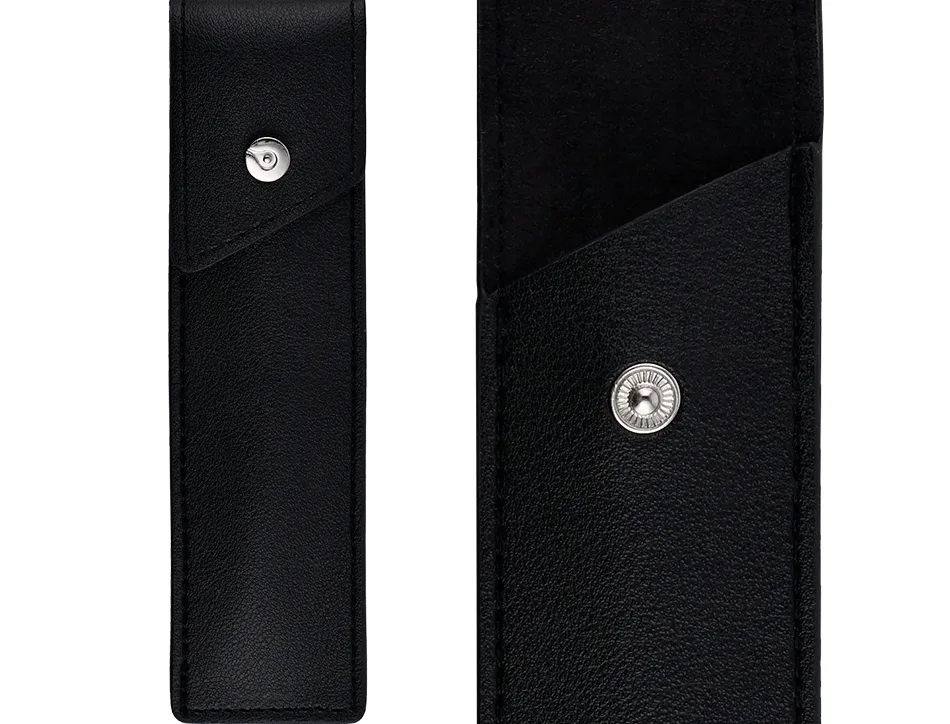 Roller et etui simili cuir belius turbo alum. texture pointillee attributs argent encre bleue col. noir coffret cadeau