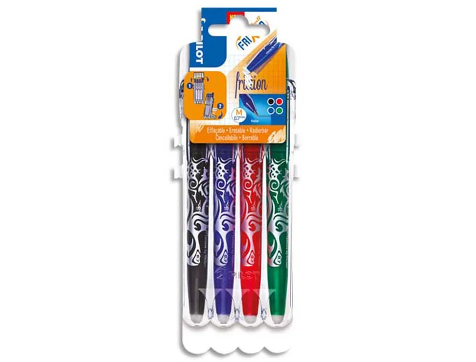 Roller pilot frixion bal pointe moyenne 0,7mm encre effaçable étui chevalet résistant 4 unités noir bleu rouge vert