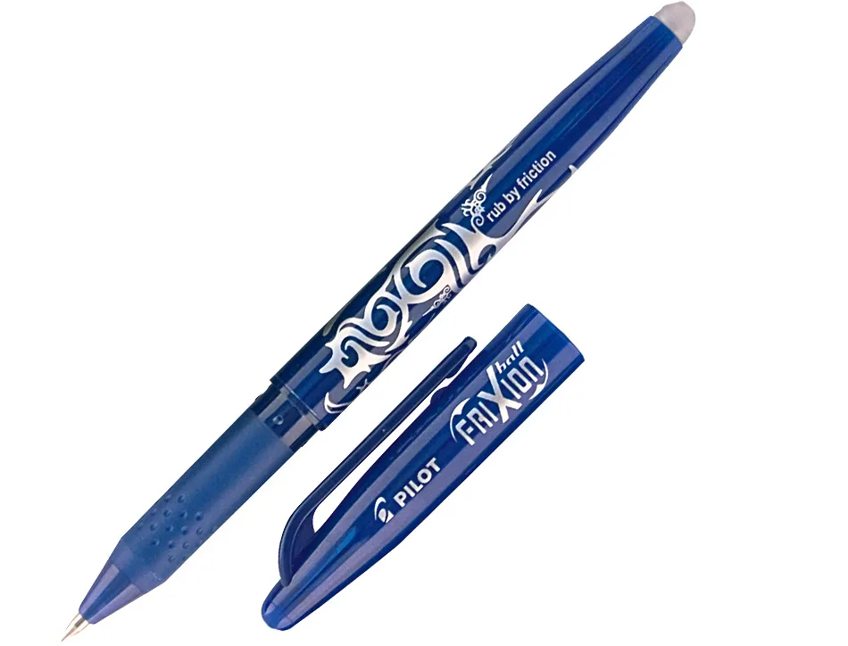 Roller pilot frixion ball écriture moyenne 0.7mm encre effaçable grip préhension rechargeable gomme sertie coloris bleu