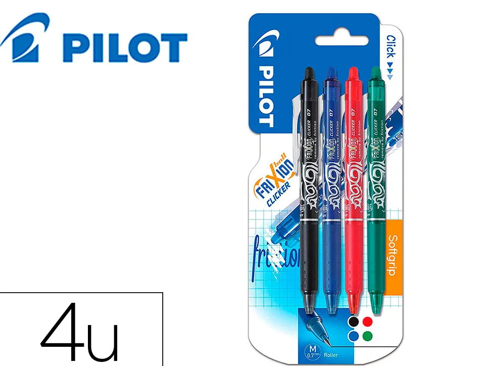 Roller pilot frixion point clicker a encre thermosens rechargeable pointe moy noir/bleu/rouge/bleu etui 4