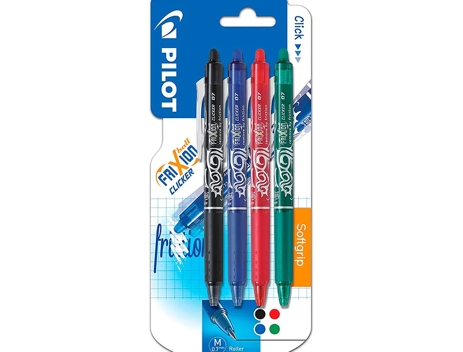 Roller pilot frixion point clicker a encre thermosens rechargeable pointe moy noir/bleu/rouge/bleu etui 4