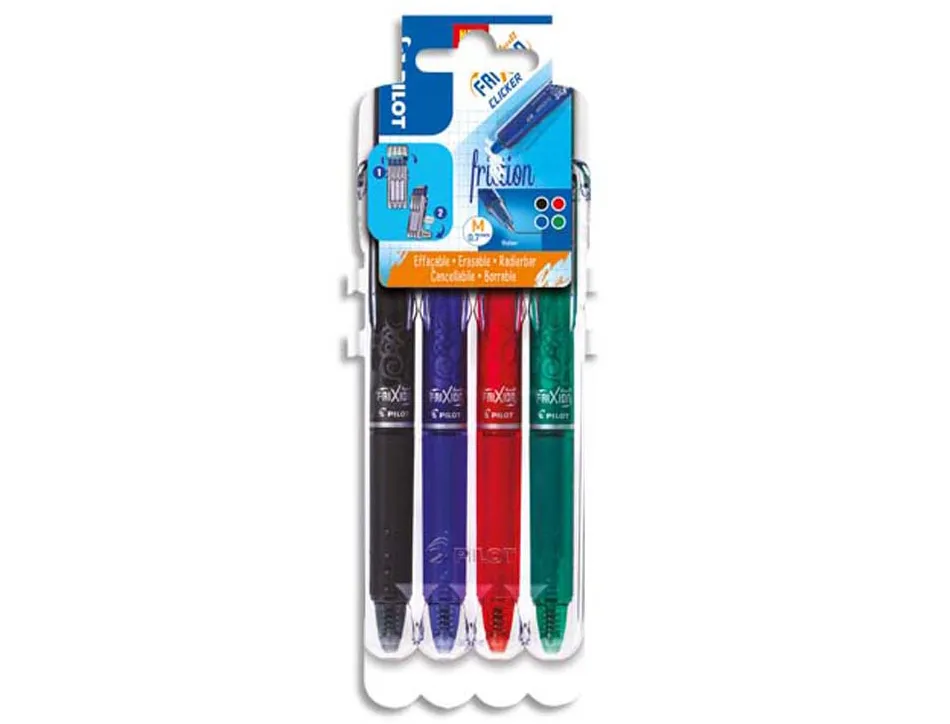 Roller pilot frixon ball clicker encre gel effaçable pointe moyenne 0,7mm étui chevalet 4 unités noir bleu rouge vert