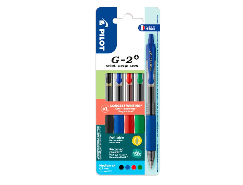 Roller pilot g-2+ encre gel pointe moyenne coloris assortis pochette 4 unites