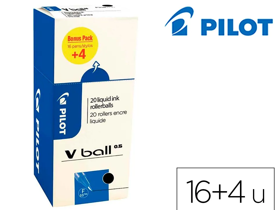 Roller pilot vball 05 pointe metal conique encre liquide coloris noir pack 16 + 4 gratuits