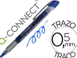 Roller q-connect écriture 0.5mm pointe moyenne 0.7mm grip caoutchouc corps transparent encre liquide couleur bleu