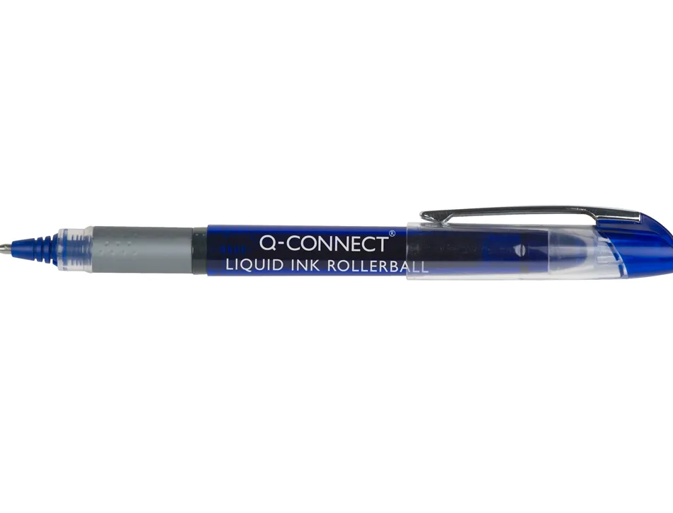 Roller q-connect écriture 0.5mm pointe moyenne 0.7mm grip caoutchouc corps transparent encre liquide couleur bleu