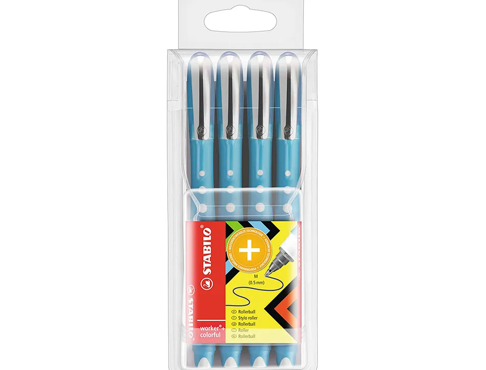 Roller stabilo worker colorful pointe en metal corps plastique encre liquide pochette de 4u