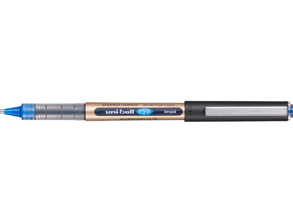 Roller uniball eye plastique recycle encre liquide ecriture large pointe metal coloris bleu