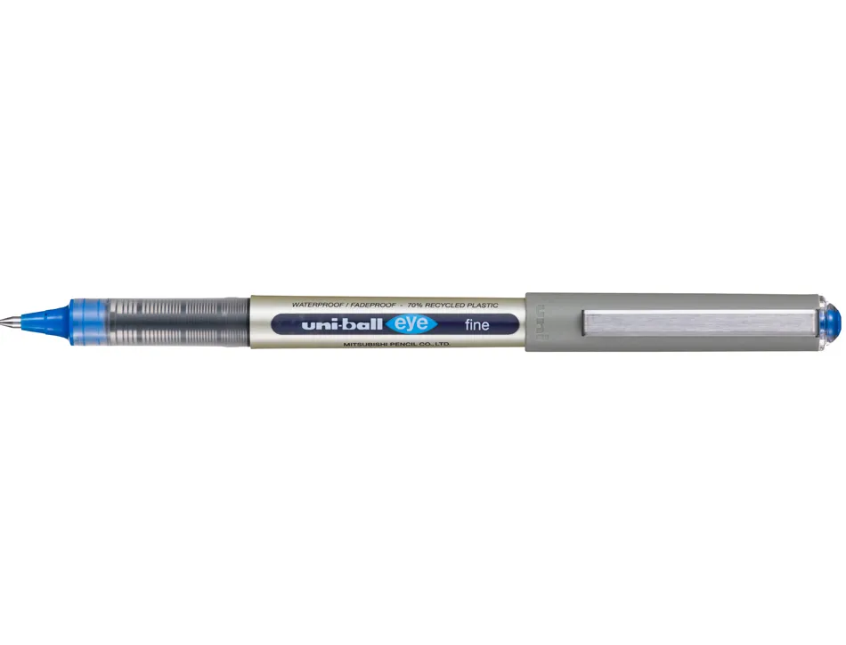 Roller uniball eye plastique recycle encre liquide ecriture moyenne pointe metal coloris bleu